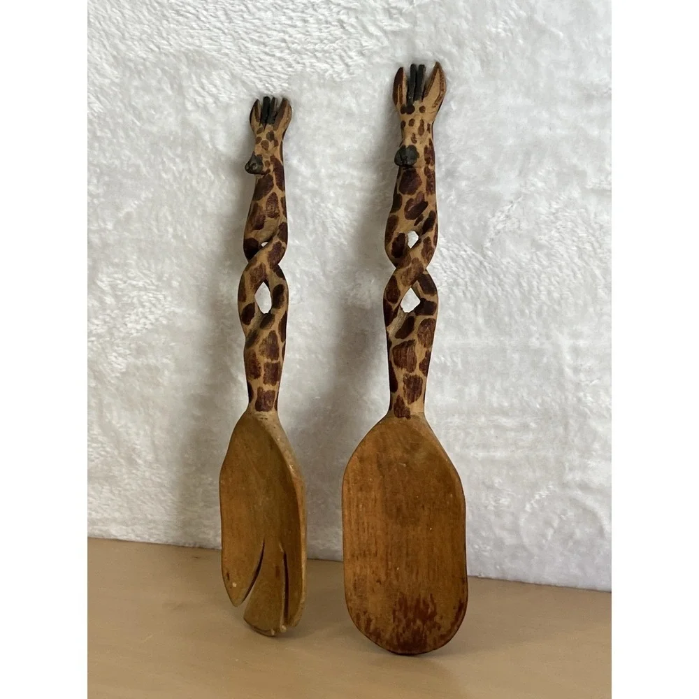 Vintage Carved‎ Wood Giraffe Salad Servers Spoon & Fork Set Hand Painted